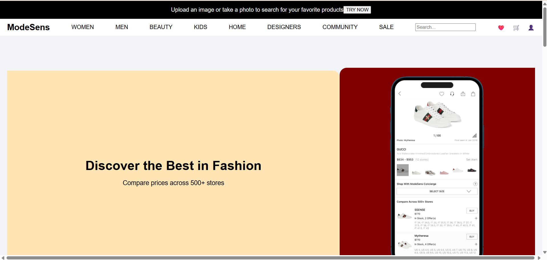 ModeSens-like fashion store UI screenshot